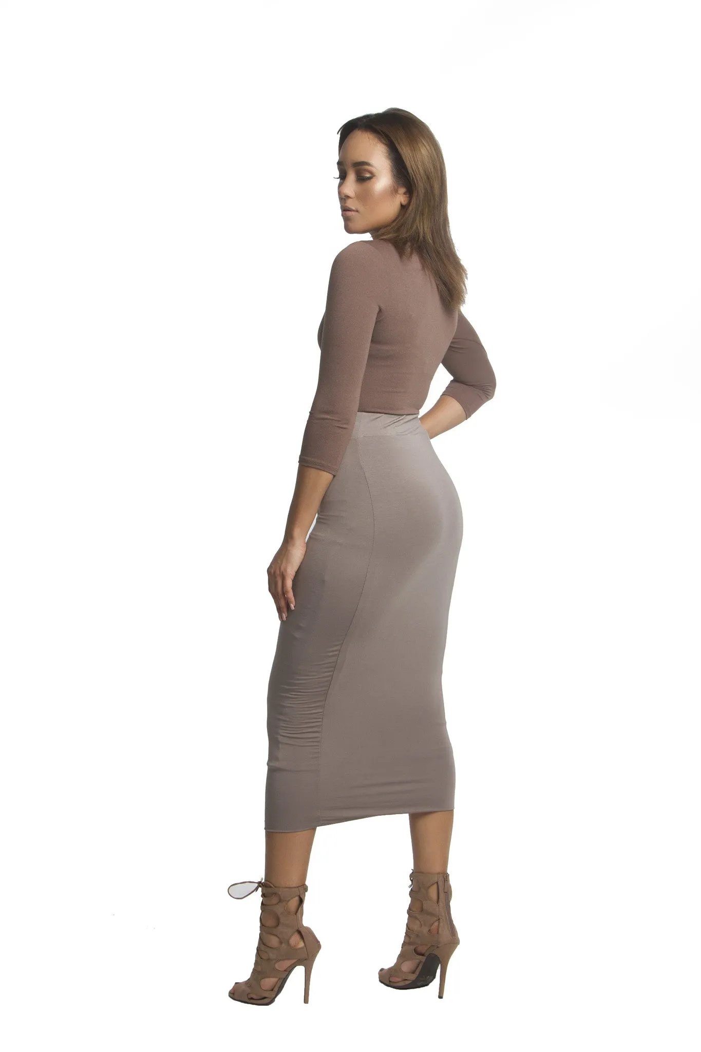 THE MYSTYLEMODE MOCHA DOUBLE LINED STRETCH HIGH WAISTED MIDI SKIRT