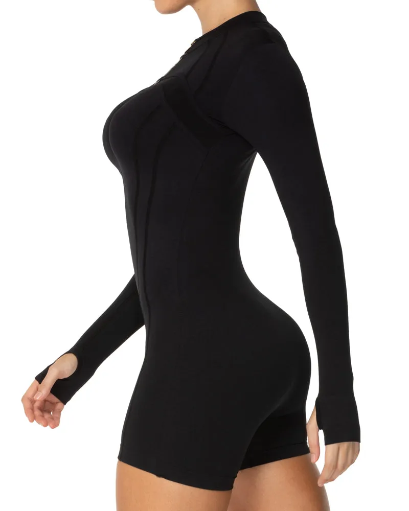 Women's One Piece Zip Up Rompers Long Sleeve Ribbed